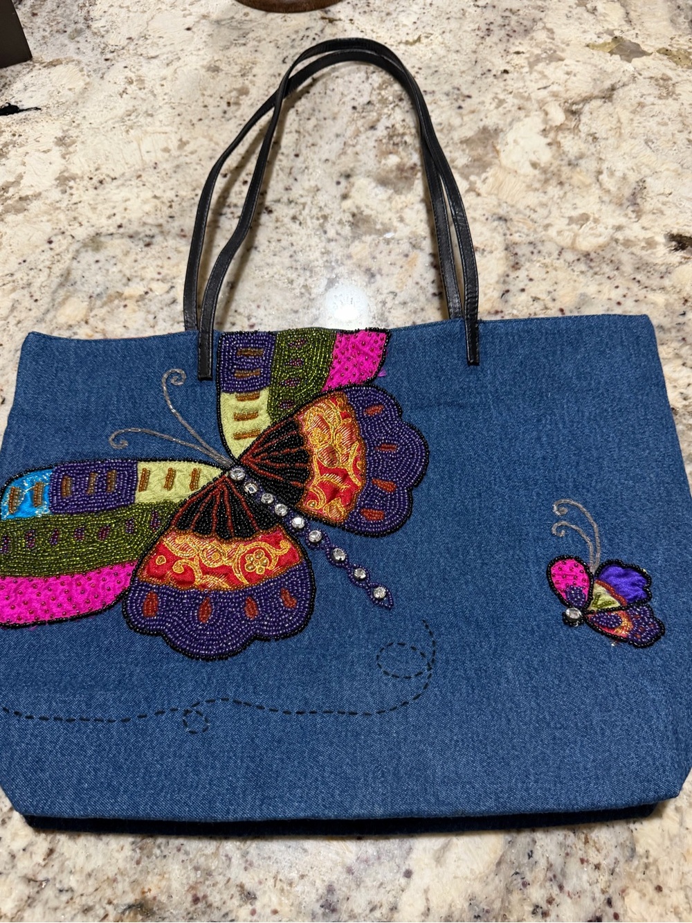 Chico’s Denim Butterfly Tote Bag Beaded Embroidered Rhinestone Boho Purse